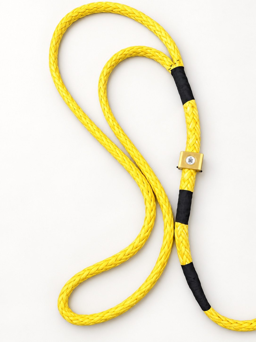 A complete yellow synthetic rope loop fitted with black protective sleeves and a gold RopeID® tag