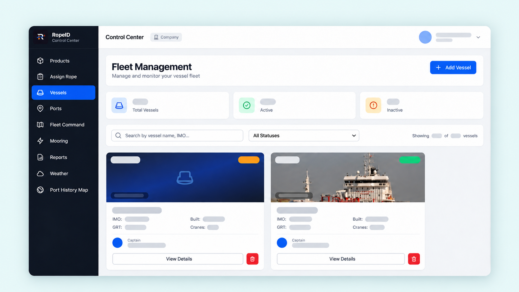 Fleet Management view of the live RopeID® Control Center, showing registered vessels with their details